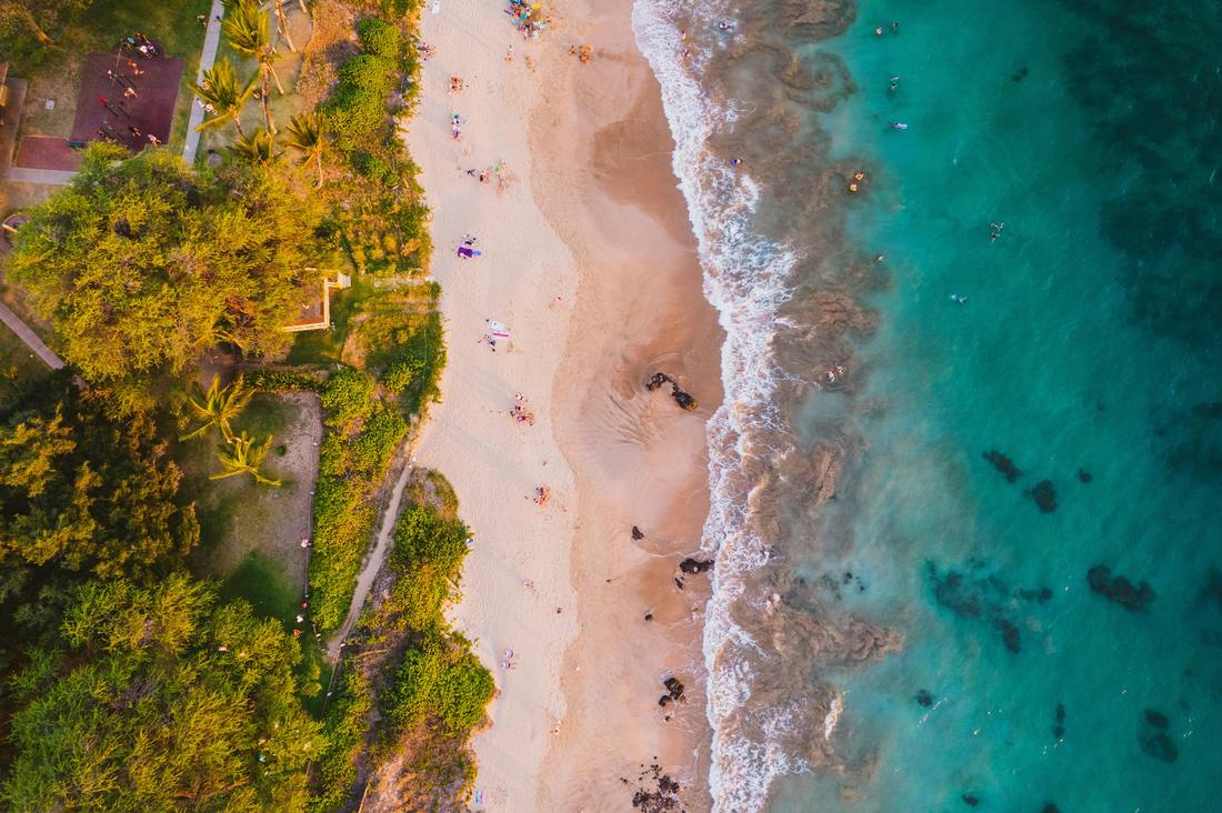 Aerial view of the beach and turquoise water at Las Catalinas